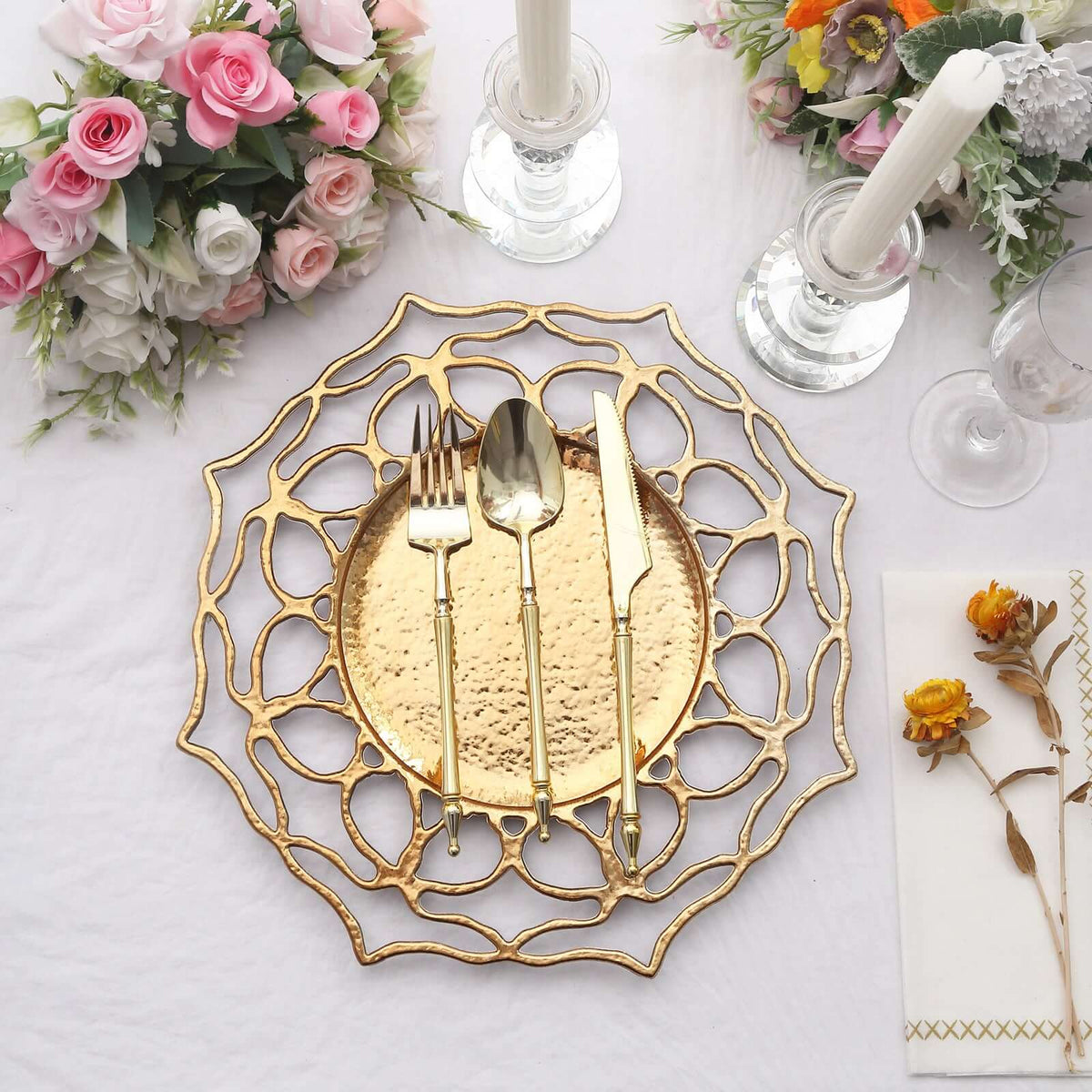 6-Pack Acrylic Charger Plates 13" Round Gold Floral Cutout Design - Hollow Flower Plastic Decorative Dinner Party Charger Tableware
